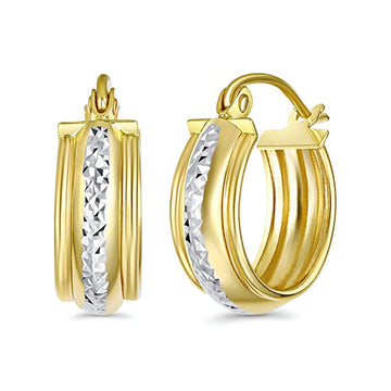 14K Two Tone Gold 15mm Thickness Diamond Cut  Huggie Hoop Earrings Wholesale